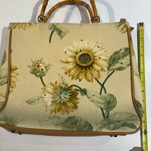 Floral Yellow Cream and Green Satchel with Bamboo Handles
